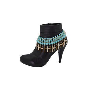 Women Gold Metal Boot Chain Bracelet Shoe Religious Cross Charms Turquoise Blue